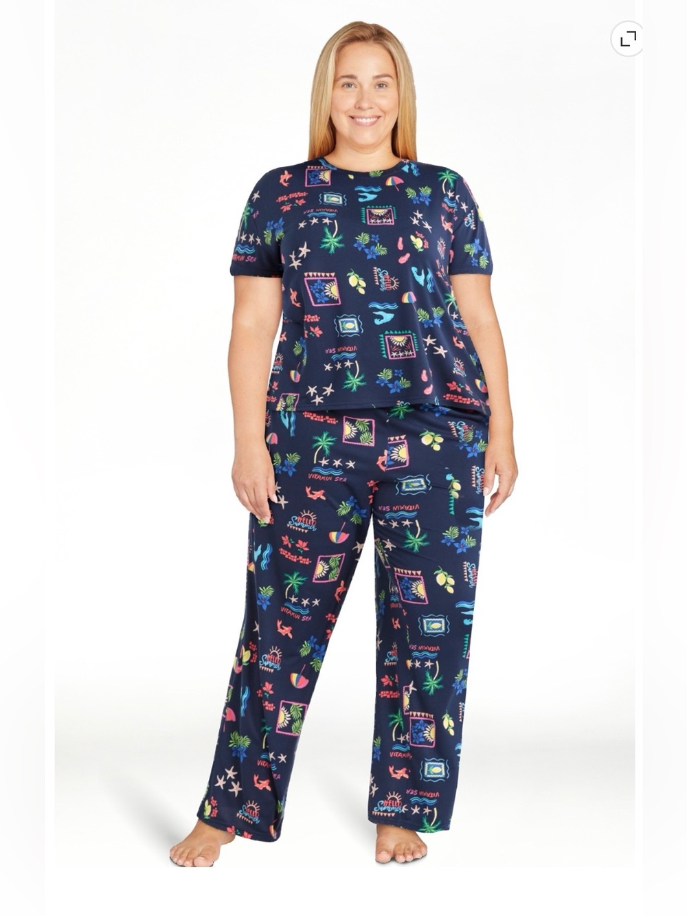NWT Joyspun 2-Piece Pajama Set 3X Navy Water Print Soft Sleepwear Lounge Set Plu